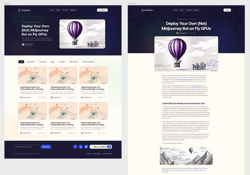 Screenshots of a blog landing page and a specific article featuring tech-focused content.