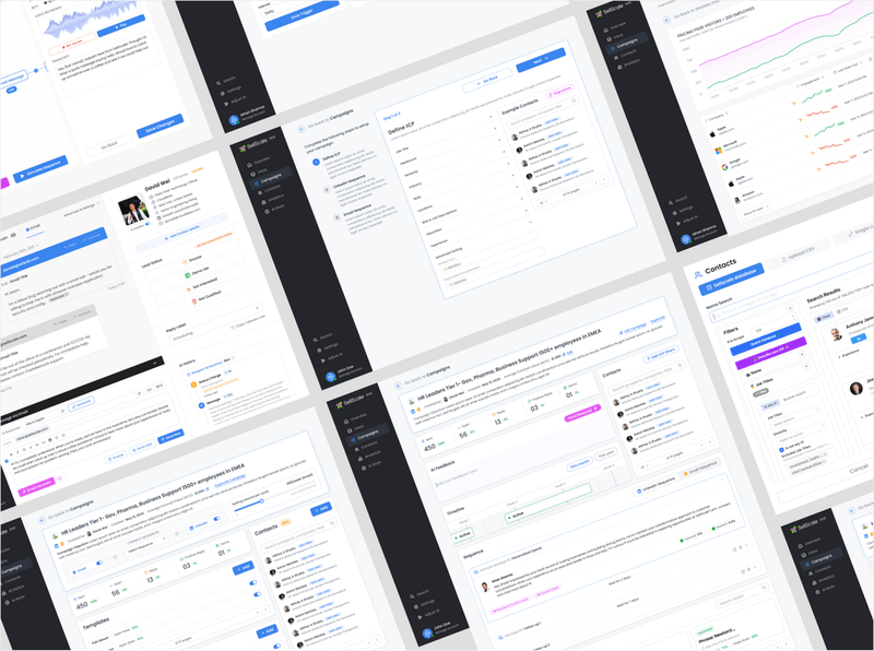A collage of overlapping digital dashboard interfaces displaying data analytics, campaign management, and user profiles.