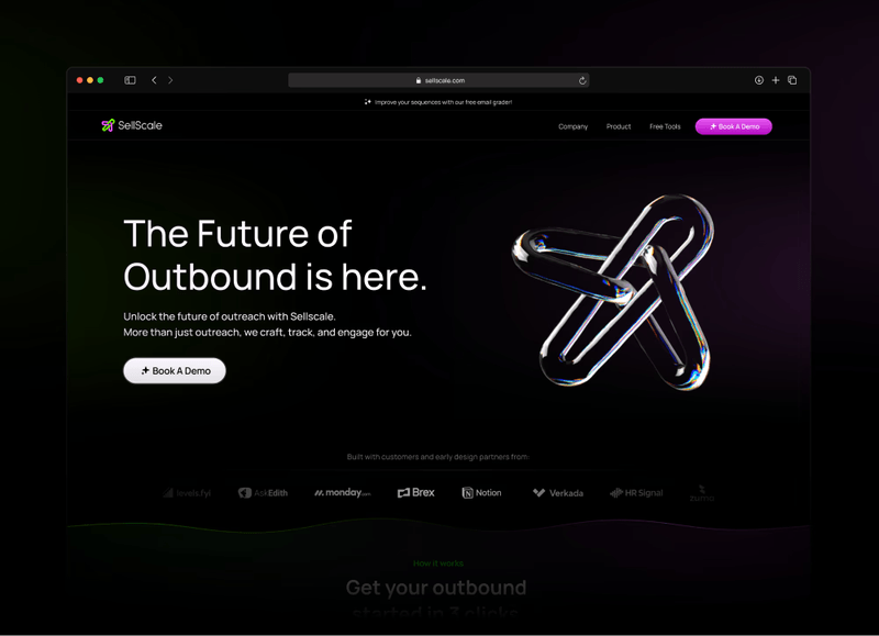 SellScale website homepage featuring a dark theme, bold text, and a 3D glass sculpture.